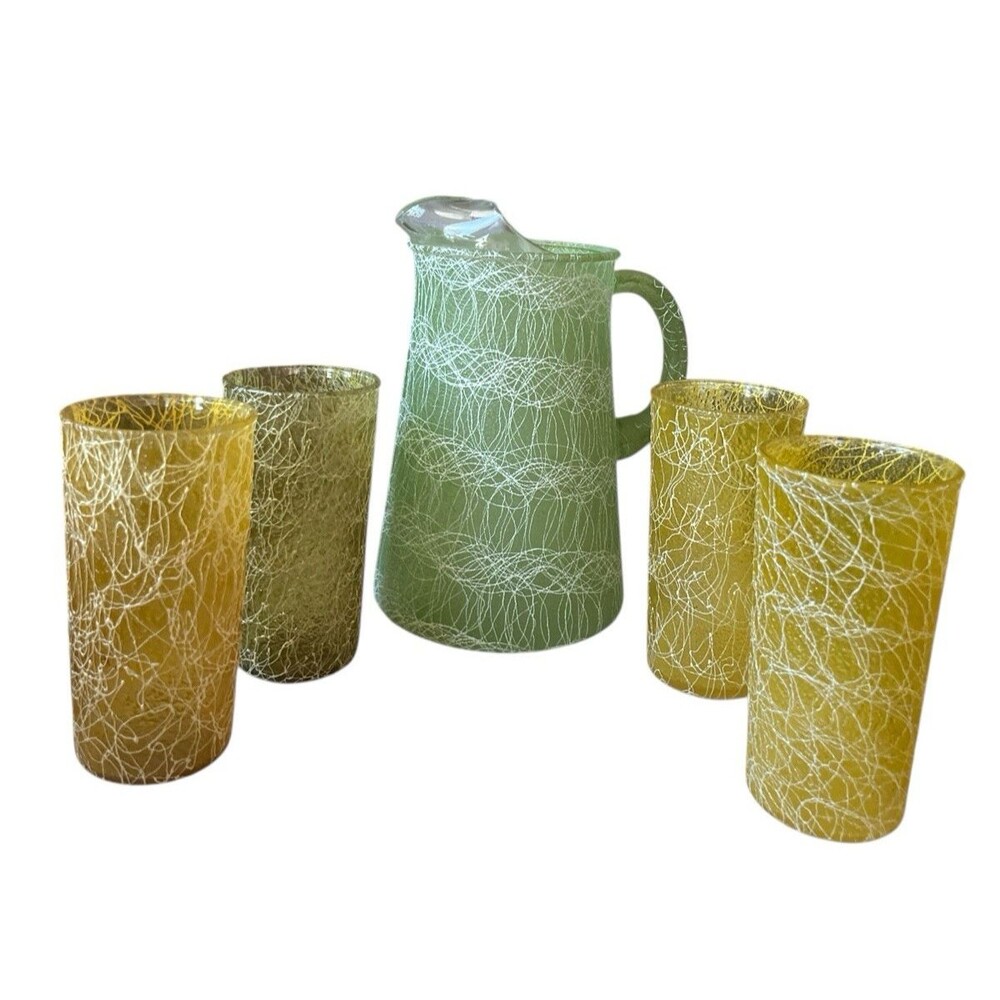 Vintage MCM Spaghetti String 8" Pitcher 4 Glass Set Pastels 1950’s Midcentury